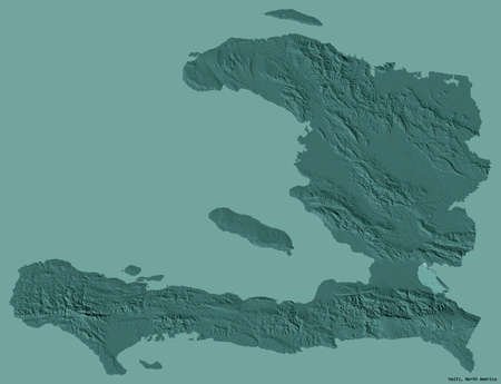 Shape of Haiti with its capital isolated on a solid color background. Colored elevation map. 3D renderingの写真素材