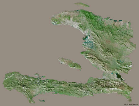 Shape of Haiti with its capital isolated on a solid color background. Satellite imagery. 3D...