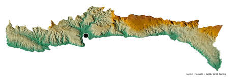 Shape of Sud-Est, department of Haiti, with its capital isolated on white background. Topographic relief map. 3D renderingの写真素材