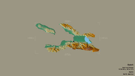 Area of Ouest, department of Haiti, isolated on a solid background in a georeferenced bounding box. Labels. Topographic relief map. 3D renderingの写真素材