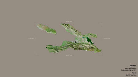 Area of Ouest, department of Haiti, isolated on a solid background in a georeferenced bounding box. Labels. Satellite imagery. 3D renderingの写真素材