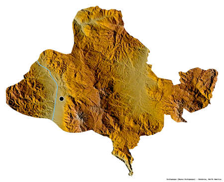 Shape of Ocotepeque, department of Honduras, with its capital isolated on white background. Topographic relief map. 3D renderingの写真素材