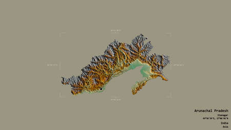Area of Arunachal Pradesh, state of India, isolated on a solid background in a georeferenced bounding box. Labels. Topographic relief map. 3D renderingの写真素材
