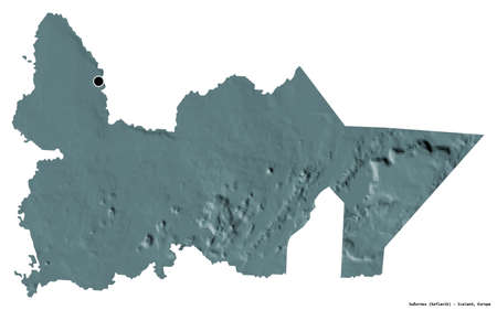 Shape of SuÃ°urnes, independent town of Iceland, with its capital isolated on white background. Colored elevation map. 3D renderingの写真素材
