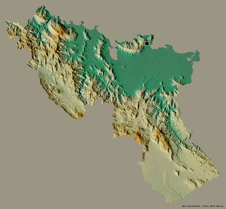 Shape of Nord, department of Haiti, with its capital isolated on a solid color background. Topographic relief map. 3D renderingの写真素材
