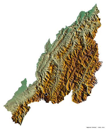 Shape of Nagaland, state of India, with its capital isolated on white background. Topographic relief map. 3D renderingの写真素材