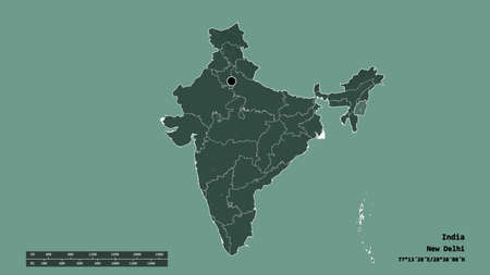 Desaturated shape of India with its capital, main regional division and the separated Manipur area. Labels. Colored elevation map. 3D renderingの写真素材