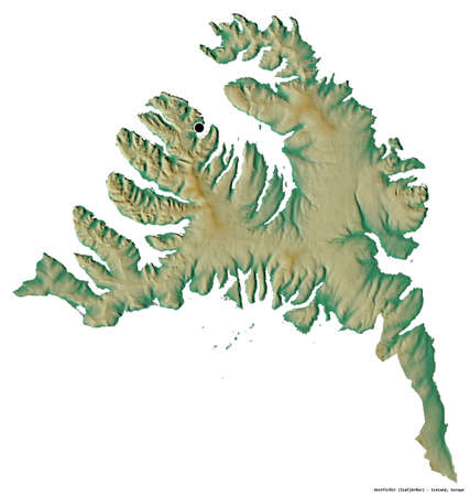 Shape of VestfirÃ°ir, region of Iceland, with its capital isolated on white background. Topographic relief map. 3D renderingの写真素材