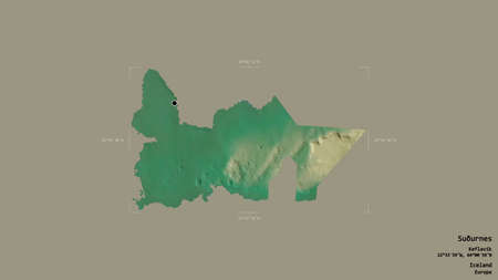 Area of SuÃ°urnes, independent town of Iceland, isolated on a solid background in a georeferenced bounding box. Labels. Topographic relief map. 3D renderingの写真素材