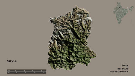 Shape of Sikkim, state of India, with its capital isolated on solid background. Distance scale,...
