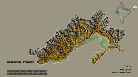 Shape of Arunachal Pradesh, state of India, with its capital isolated on solid background. Distance scale, region preview and labels. Topographic relief map. 3D renderingの写真素材