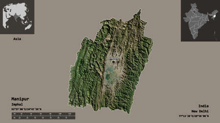Shape of Manipur, state of India, and its capital. Distance scale, previews and labels. Satellite...