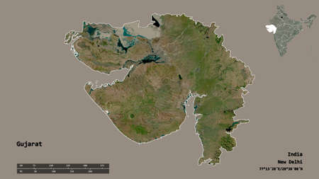 Shape of Gujarat, state of India, with its capital isolated on solid background. Distance scale,...