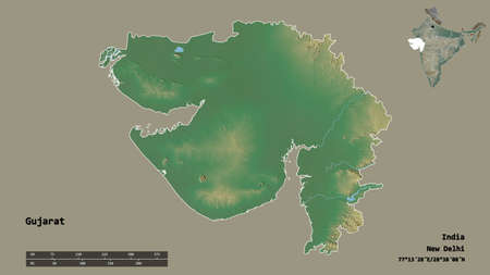 Shape of Gujarat, state of India, with its capital isolated on solid background. Distance scale,...