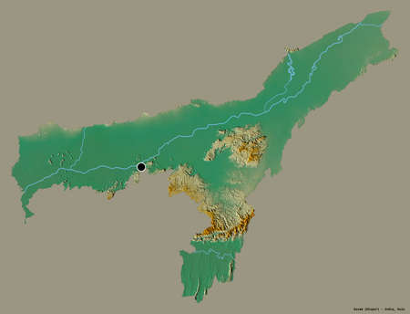 Shape of Assam, state of India, with its capital isolated on a solid color background. Topographic relief map. 3D renderingの写真素材