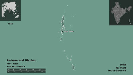 Shape of Andaman and Nicobar, union territory of India, and its capital. Distance scale, previews and labels. Colored elevation map. 3D renderingの写真素材