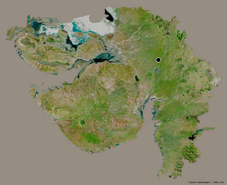 Shape of Gujarat, state of India, with its capital isolated on a solid color background. Satellite...