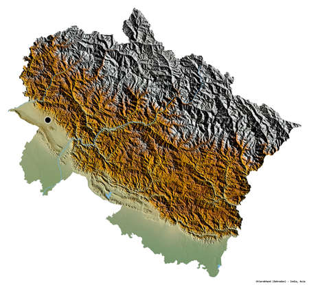 Shape of Uttarakhand, state of India, with its capital isolated on white background. Topographic relief map. 3D renderingの写真素材