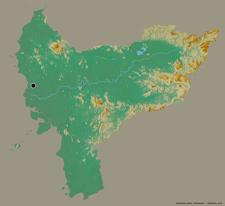 Shape of Kalimantan Barat, province of Indonesia, with its capital isolated on a solid color background. Topographic relief map. 3D renderingの写真素材