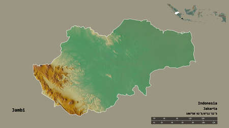 Shape of Jambi, province of Indonesia, with its capital isolated on solid background. Distance scale, region preview and labels. Topographic relief map. 3D renderingの写真素材