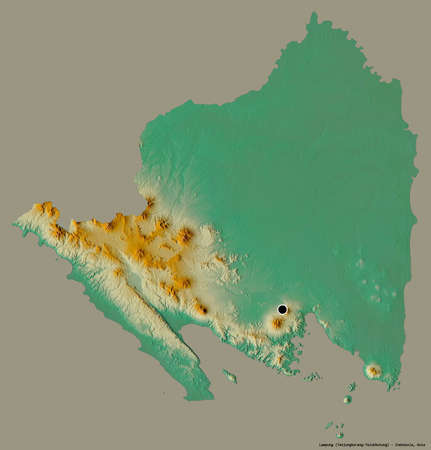 Shape of Lampung, province of Indonesia, with its capital isolated on a solid color background....