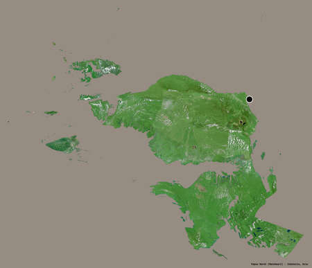 Shape of Papua Barat, province of Indonesia, with its capital isolated on a solid color background. Satellite imagery. 3D renderingの写真素材