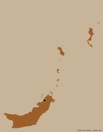 Shape of Sulawesi Utara, province of Indonesia, with its capital isolated on a solid color background. Composition of patterned textures. 3D renderingの写真素材