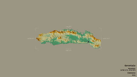 Area of Gorontalo, province of Indonesia, isolated on a solid background in a georeferenced bounding box. Labels. Topographic relief map. 3D renderingの写真素材