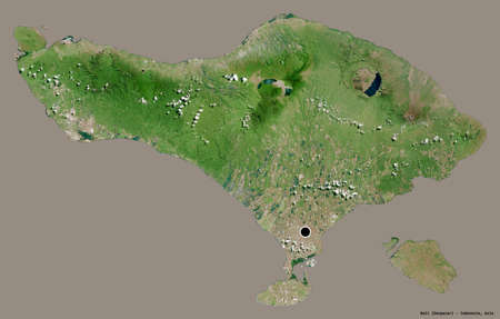 Shape of Bali, province of Indonesia, with its capital isolated on a solid color background. Satellite imagery. 3D renderingの写真素材