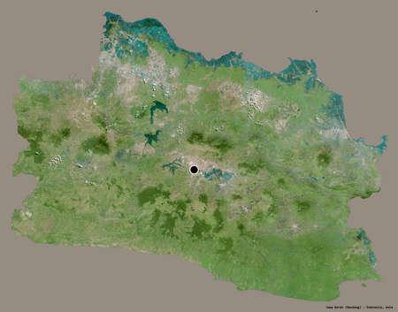 Shape of Jawa Barat, province of Indonesia, with its capital isolated on a solid color background. Satellite imagery. 3D renderingの写真素材