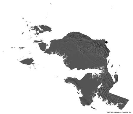 Shape of Papua Barat, province of Indonesia, with its capital isolated on white background. Bilevel elevation map. 3D renderingの写真素材