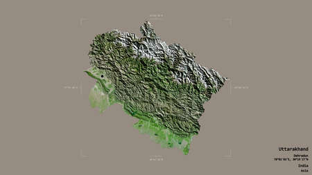 Area of Uttarakhand, state of India, isolated on a solid background in a georeferenced bounding box. Labels. Satellite imagery. 3D renderingの写真素材