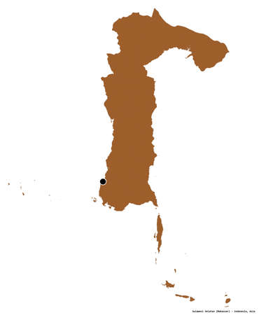 Shape of Sulawesi Selatan, province of Indonesia, with its capital isolated on white background. Composition of patterned textures. 3D renderingの写真素材