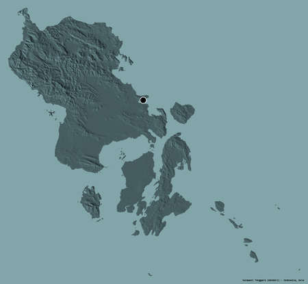 Shape of Sulawesi Tenggara, province of Indonesia, with its capital isolated on a solid color background. Colored elevation map. 3D renderingの写真素材