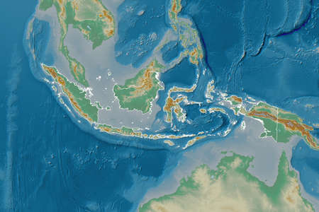 Extended area of Indonesia with country outline, international and regional borders. Topographic...