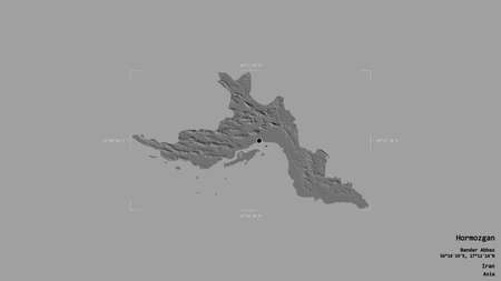 Area of Hormozgan, province of Iran, isolated on a solid background in a georeferenced bounding box. Labels. Bilevel elevation map. 3D renderingの写真素材