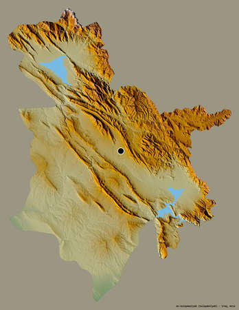 Shape of As-Sulaymaniyah, province of Iraq, with its capital isolated on a solid color background. Topographic relief map. 3D renderingの写真素材