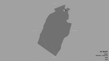 Area of An-Najaf, province of Iraq, isolated on a solid background in a georeferenced bounding box. Labels. Bilevel elevation map. 3D renderingの写真素材