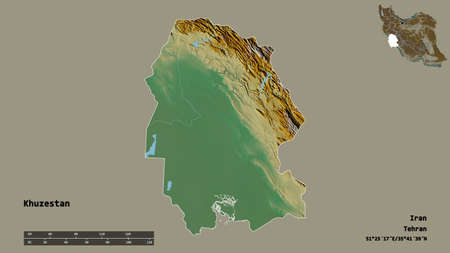 Shape of Khuzestan, province of Iran, with its capital isolated on solid background. Distance scale, region preview and labels. Topographic relief map. 3D renderingの写真素材