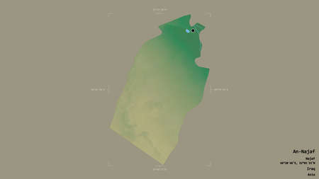 Area of An-Najaf, province of Iraq, isolated on a solid background in a georeferenced bounding box. Labels. Topographic relief map. 3D renderingの写真素材