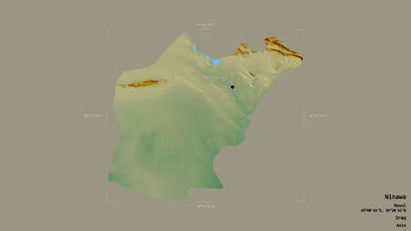 Area of Ninawa, province of Iraq, isolated on a solid background in a georeferenced bounding box. Labels. Topographic relief map. 3D renderingの写真素材