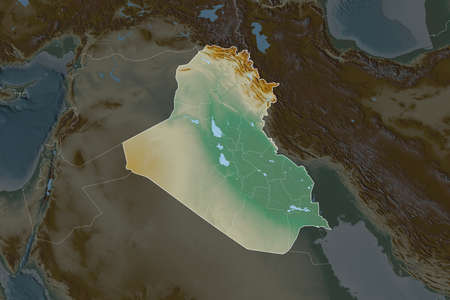 Shape of Iraq separated by the desaturation of neighboring areas. Borders. Topographic relief map. 3D renderingの写真素材