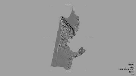Area of Haifa, district of Israel, isolated on a solid background in a georeferenced bounding box. Labels. Bilevel elevation map. 3D renderingの写真素材
