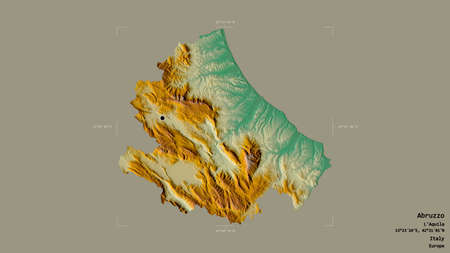 Area of Abruzzo, region of Italy, isolated on a solid background in a georeferenced bounding box....