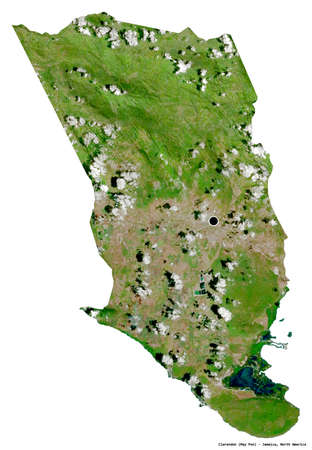 Shape of Clarendon, parish of Jamaica, with its capital isolated on white background. Satellite...