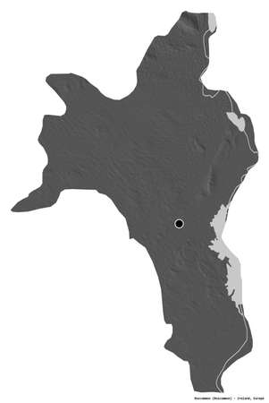 Shape of Roscommon, county of Ireland, with its capital isolated on white background. Bilevel elevation map. 3D renderingの写真素材