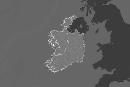 Shape of Ireland separated by the desaturation of neighboring areas. Borders. Bilevel elevation map....