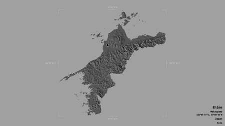 Area of Ehime, prefecture of Japan, isolated on a solid background in a georeferenced bounding box. Labels. Bilevel elevation map. 3D renderingの写真素材