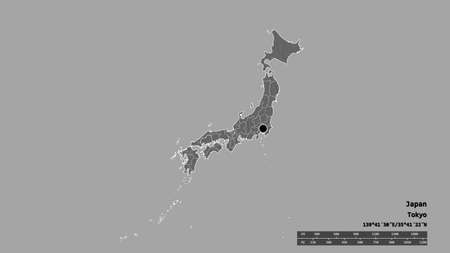 Desaturated shape of Japan with its capital, main regional division and the separated Hiroshima area. Labels. Bilevel elevation map. 3D renderingの写真素材