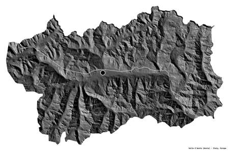 Shape of Valle d'Aosta, autonomous region of Italy, with its capital isolated on white background. Bilevel elevation map. 3D renderingの写真素材